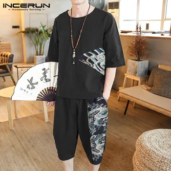 

Chinese Style Men Sets Cotton Printed Patchwork Vintage Half Sleeve O Neck Shirt & Pants 2020 Casual Men Suit Streetwear INCERUN