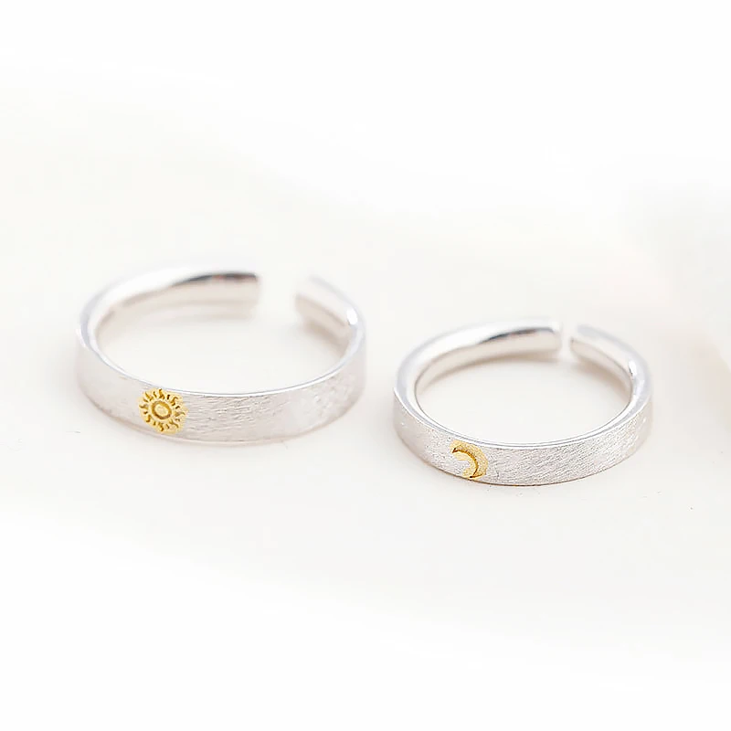 Couple Rings Простой дизайн, золотые парные кольца с солнцем и луной, мужские, женские, 925 пробы, серебряные кольца с матовой поверхностью, открытые манжеты, свадебные кольца - Цвет основного камня: Couple Rings