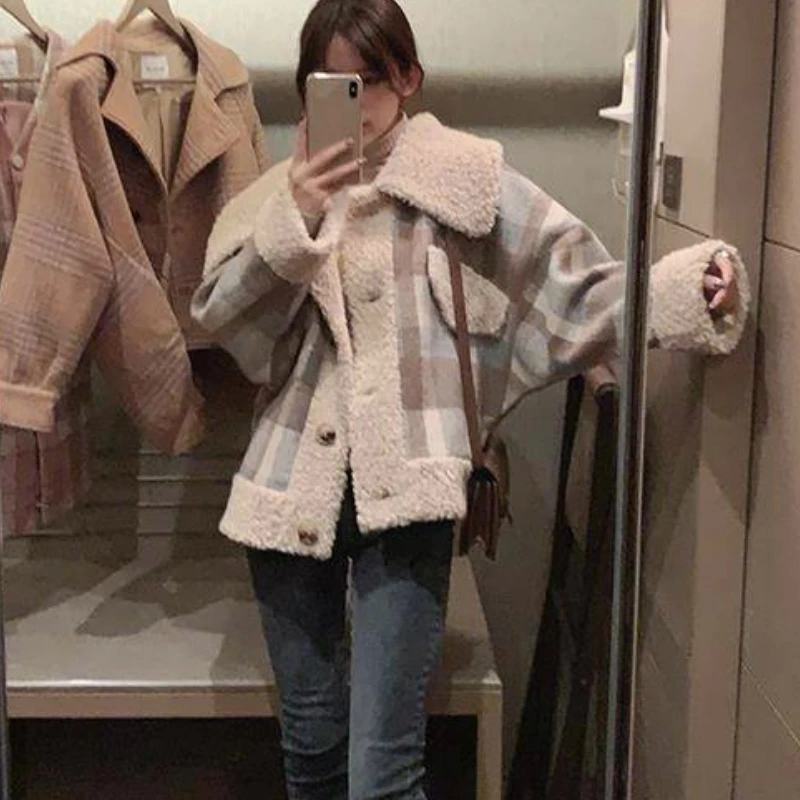 Goedkoop Vrouwen Korte Plaid Wollen Jas Mode Jas Koreaanse Grote Kraag