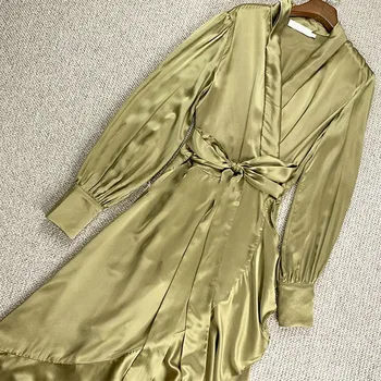 

LouLan Queen Silk Long Sleeve Women Dress Runway/Summer/Maxi/Party/Beach/Elegant/Loose Dress Lotus Leaf Edge 2020