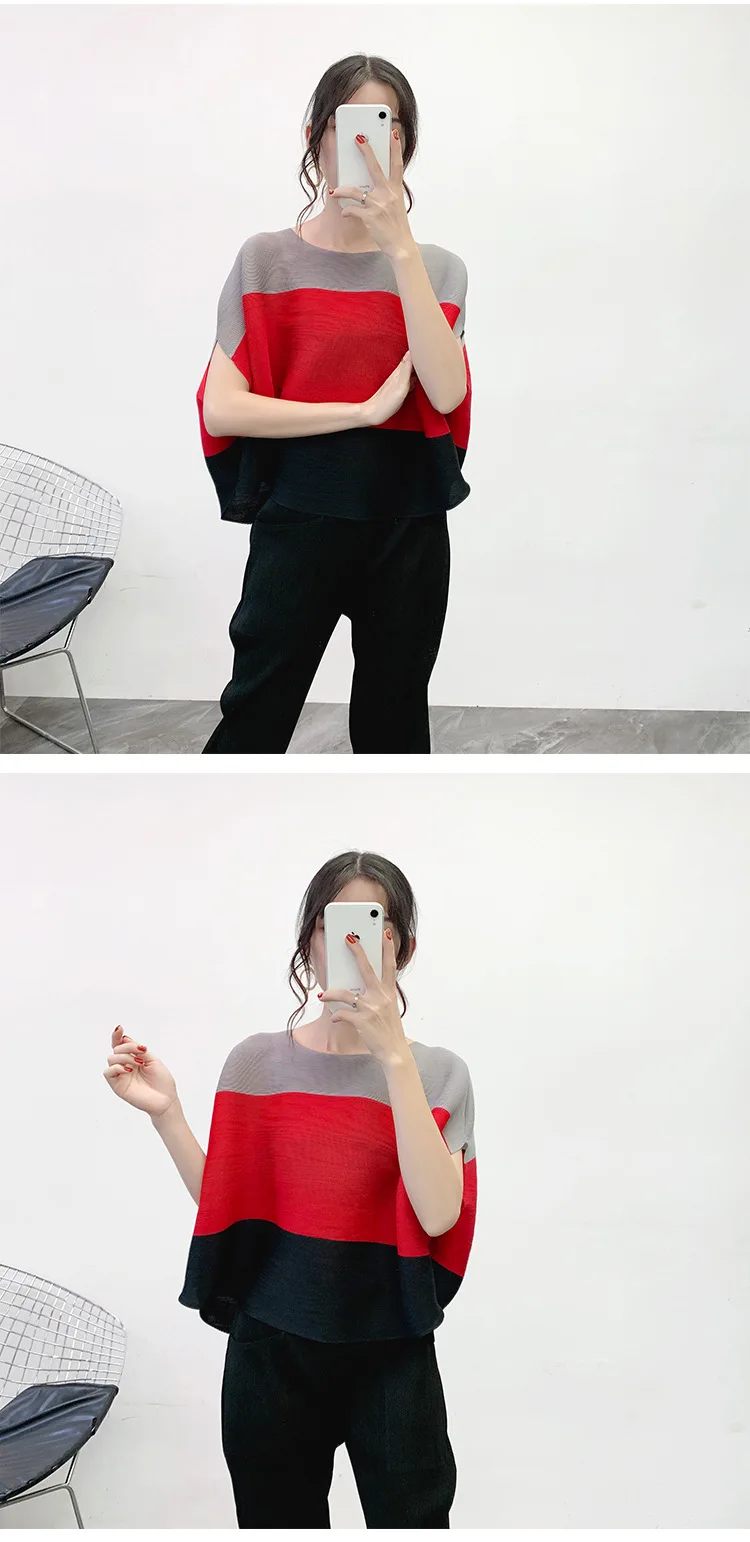 Miyake/плиссированная Футболка-раскраска Новая Осенняя плиссированная Футболка с рукавами «летучая мышь» с круглым воротником для девочек