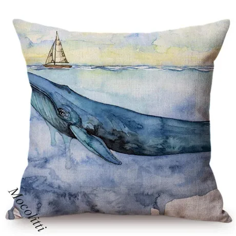 Blue Whale Style Ocean Animal Cushion Cover Water Color Painted Girls and Whale Dolphin Fairy Tales Decoration Sofa Pillow Cover 0097-9