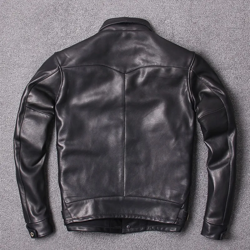 Men Vintage Black Genuine Cow Leather Jacket Lapel Fashion Slim Fit Real 100% Cowhide Jackets Male Motorcycle Biker Coat | Мужская
