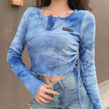 Special Offers High Street Women's Tie-Dye Top Long Sleeve Round Neck Letter Embroidered Folded Tie T-shirt Hip Hop Girl Base Shirt Street Wear