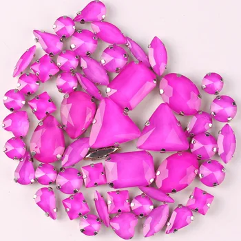 

Silver claw settings 50pcs/bag shapes mix jelly candy Fuchsia glass crystal sew on rhinestone for garment shoes bags diy