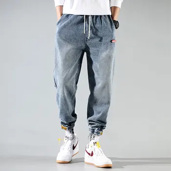 

Korean Style Fashion Men Jeans Retro Blue Loose Fit Elastic Waist Harem Jeans Cargo Pants Streetwear Hip Hop Jeans Men Joggers