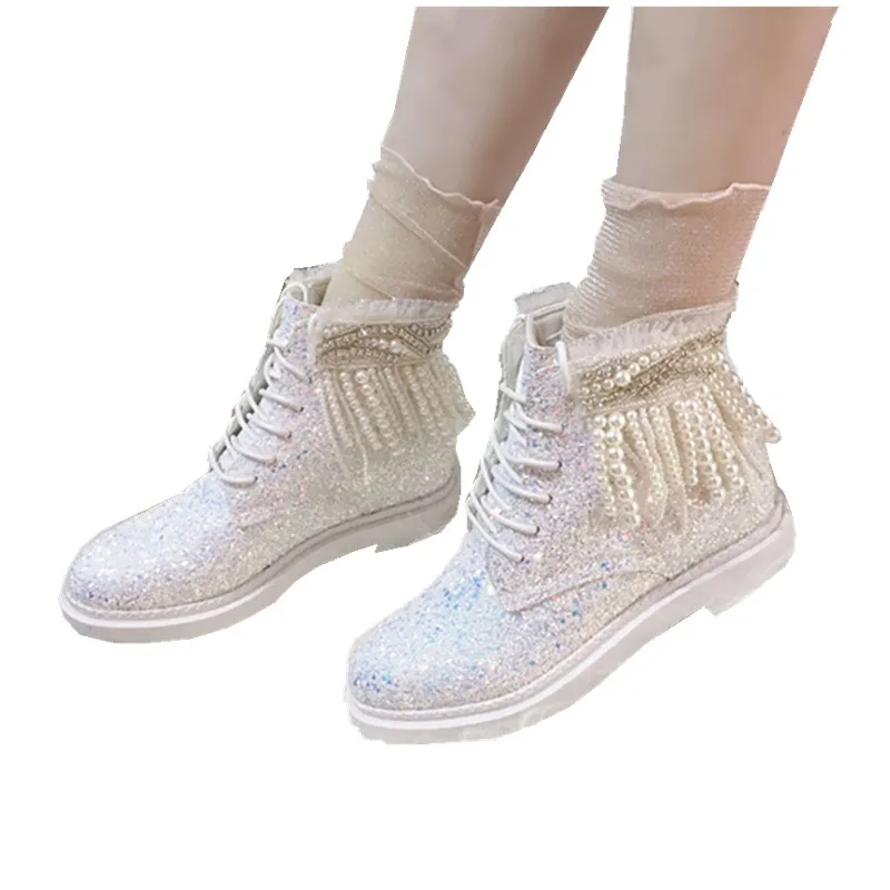 Sequins Symphony White Tassel High Help Women's Shoes Martin Boots Casual Japanese Vintage Sweet girl Lolita Middle Heel |