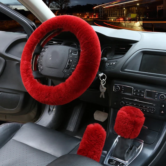 Housse de volant en peluche universelle, 3 pièces/ensemble, avec ceinture  de sécurité, souple et antidérapant, accessoires d'intérieur de voiture  chauds d'hiver - AliExpress