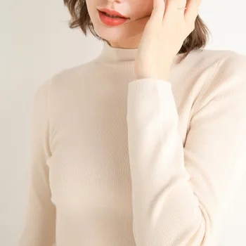 

Ladies solid color half high collar solid color long sleeve knitted T-shirt gray