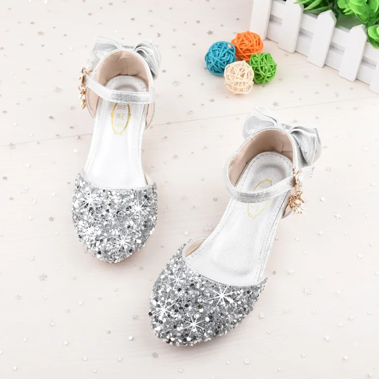 

Girls Silver High-heeled Sandals Children Catwalks Performance Closed-toe Crystal Shoes Spring And Summer-Big Boy Princess Shoes