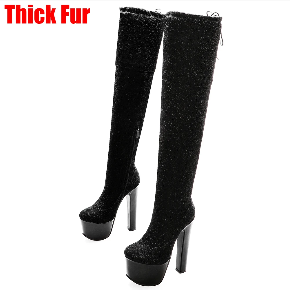 BONJOMARISA/пикантные вечерние сапоги до бедра, Размеры 33-43 г. Женские зимние сапоги выше колена на высокой платформе женские туфли на высоком каблуке - Цвет: black thick fur