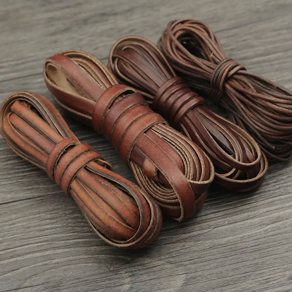 2 Meters Retro Genuine Leather Cord 1.5-10mm Round/Flat Strand Cow Leather Rope For Handmade DIY Accessories leather cord
