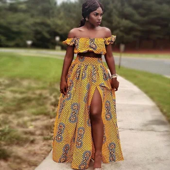 

Off Shoulder Beach Dashiki Print Traditional African Dress for Women Floor Length Split Party 2 Piece Set Dress Kanga Clothing
