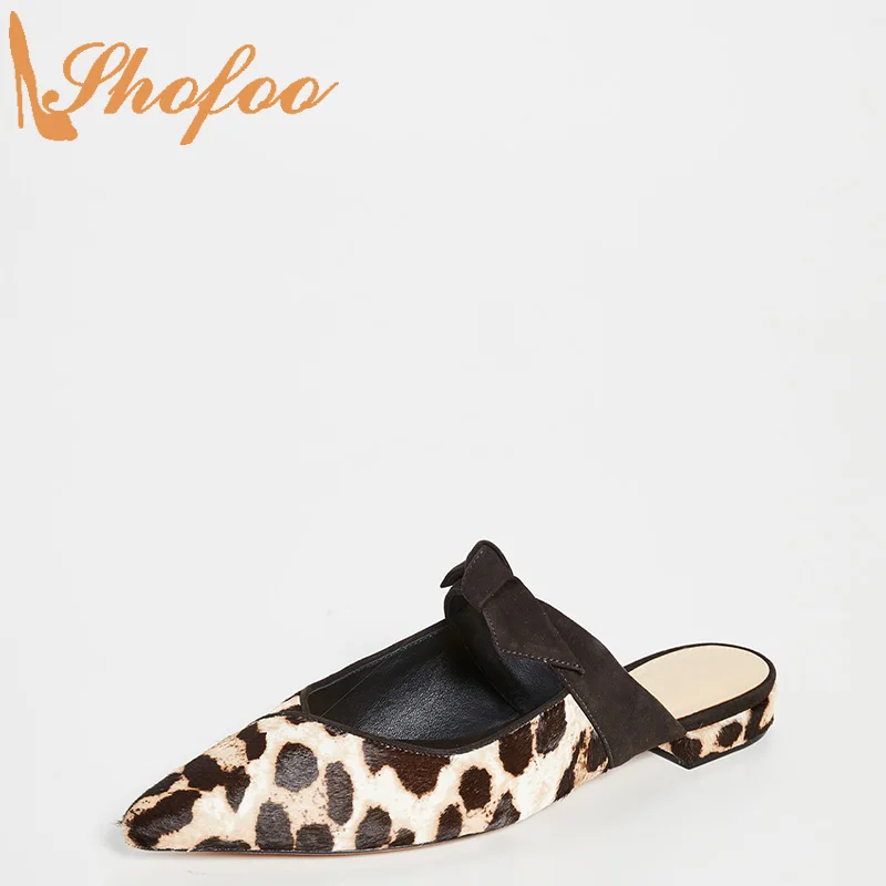 

White Leopard Ballet Mules Flats Woman Pointed Toe Pull On Shoes Large Size 11 16 For Ladies Summer Fashion Office Mature Shofoo