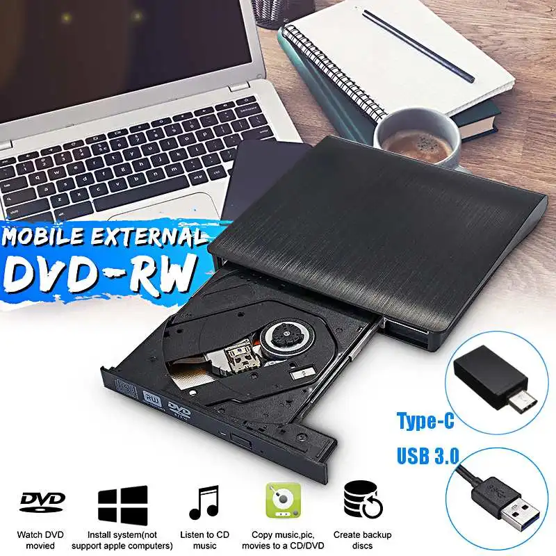 Внешний DVD RW CD Писатель Привод тип-c USB 3,0 оптические приводы тонкий комбо привод горелки ридер плеер для портативных ПК - Цвет: Черный