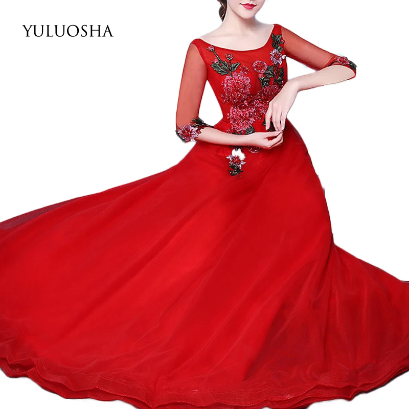 

YULUOSHA Burgundy Bridesmaid Dresses Lace Appliques O-Neck Wedding Guest Dress Ball Gown Long Dress for Wedding Party for Woman