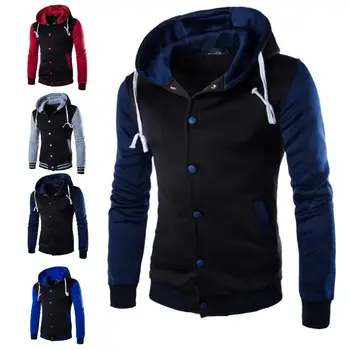 

Casual Jacket Men Color Block Slim Warm Button up Baseball Jacket Hoodies Coat Outwear