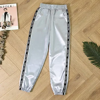 

Womens Summer Satin Highlight Glossy Thin Pants New Loose Slim Fit Ribbon Fashion Harajuku Joggers Sports Pants with Big Pocket