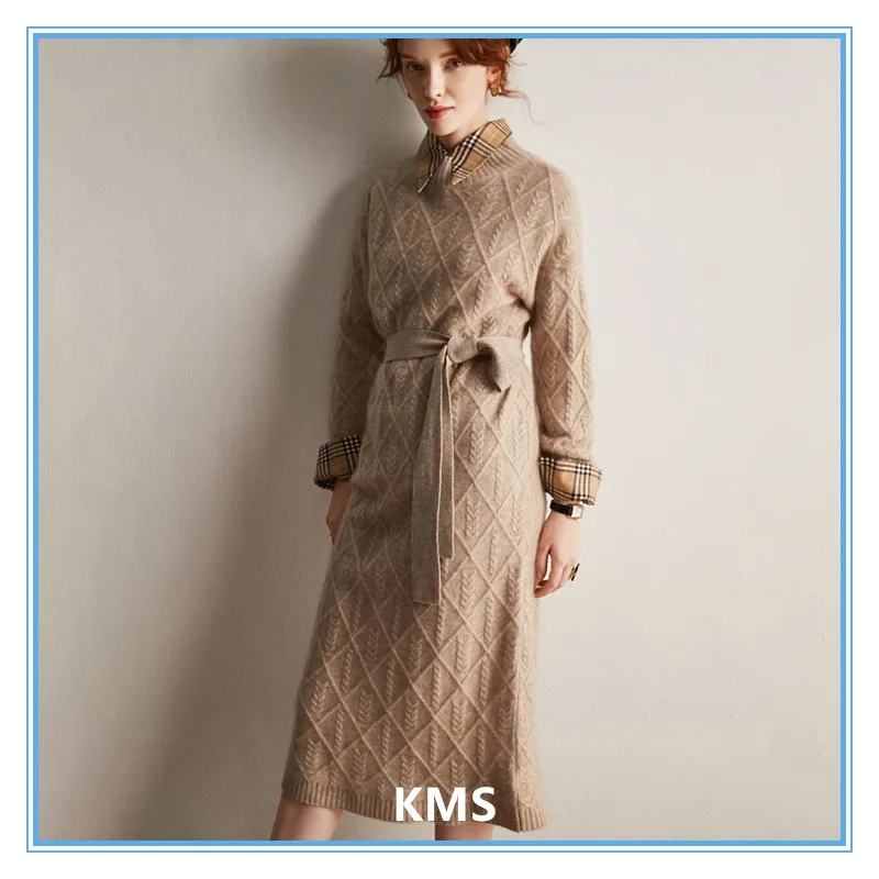 

KMS Latest New Pure Cashmere Sweater Solid Color Casual Round Neck Bottoming Shirt Sweater Skirt Mid-length Women M L