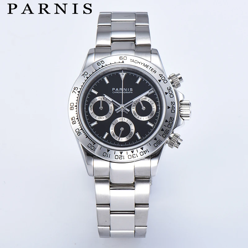 Мужские кварцевые часы Parnis 39 мм с черным циферблатом, хронограф, браслет из нержавеющей стали, сапфировое стекло, мужские часы VK64, мужские