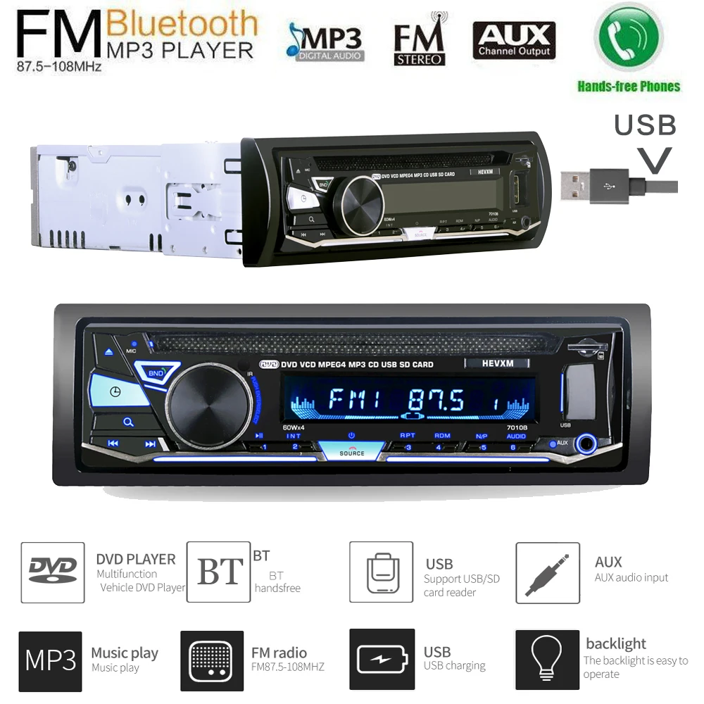 Один 1 Din 12V автомобильный DVD CD-плеер с BT 7010B Автомобильный MP3 стерео-гарнитура Авторадио аудио Радио беспроводной пульт дистанционного управления
