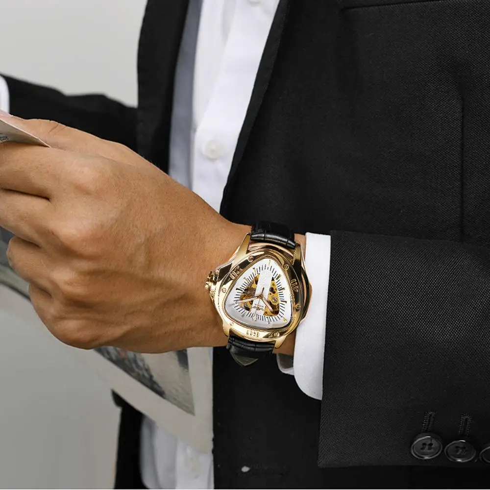 Winner золотые мужские механические Спортивные часы Мужские автоматические Cobra треугольный циферблат кожаный ремешок Часы Relogio Masculino Reloj часы