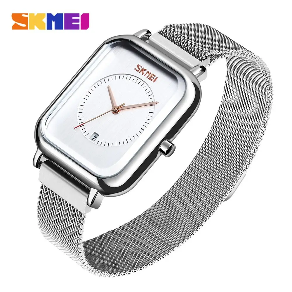 silver-white SKMEI Брендовые женские часы с браслетом квадратные наручные часы из нержавеющей стали с кристаллами женская одежда женские кварцевые часы 9207 - Цвет: silver-white
