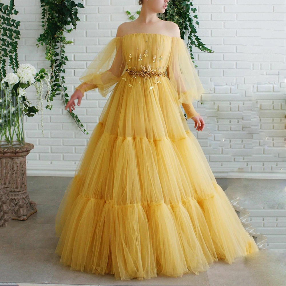 Daffodil Princess Tulle Prom Dress Strapless Off The Shoulder Puffy Sleeves Evening Gowns Sexy Beading Party Dresses | Свадьбы и