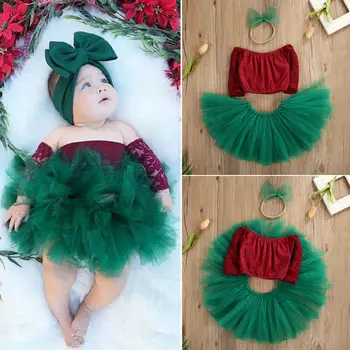 Infant Baby Girls Princess Christmas Clothes Lace Patchwork Top+Tutu Skirt + Lovely Bowknot Fashion Xmas Outfit 1