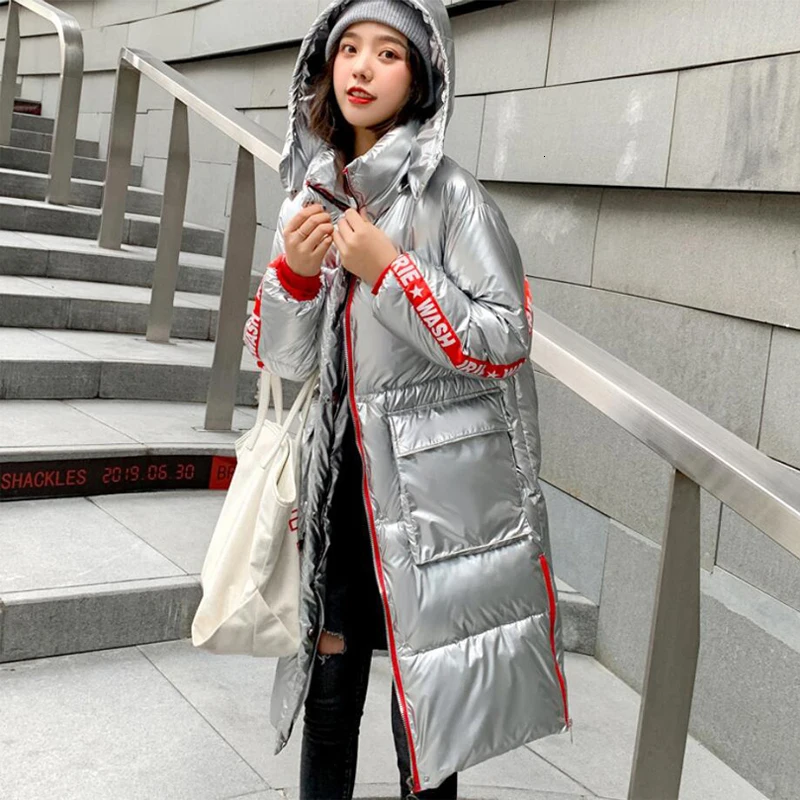 Fashion Women Winter Jacket Hooded Down Cotton Padded Parkas Long Coat Female Sliver Glossy Thick Warm Snow Overcoat S353