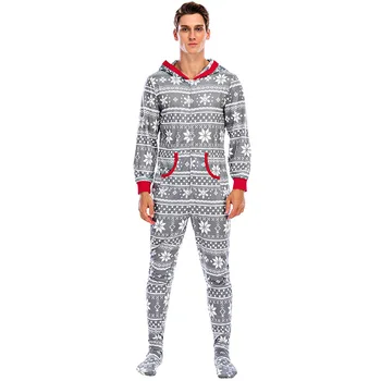 

Warm Stockings Loose Elastic 2021 Men Sleeping Romper Christmas Elk Snowflake Printed Hooded Leisure Jumpsuit with Pockets
