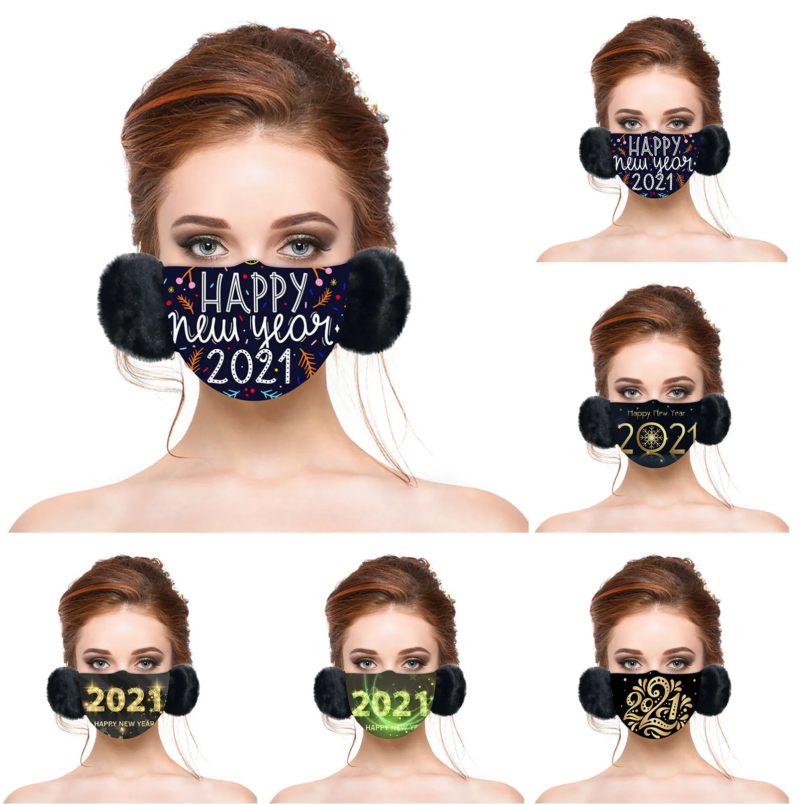 

Unisex Adult Winter Happy New Year 2021 Mask Butterfly Print Warm Hair Ball Hanging Ear Mask With Earmuffs Headband mascarillas