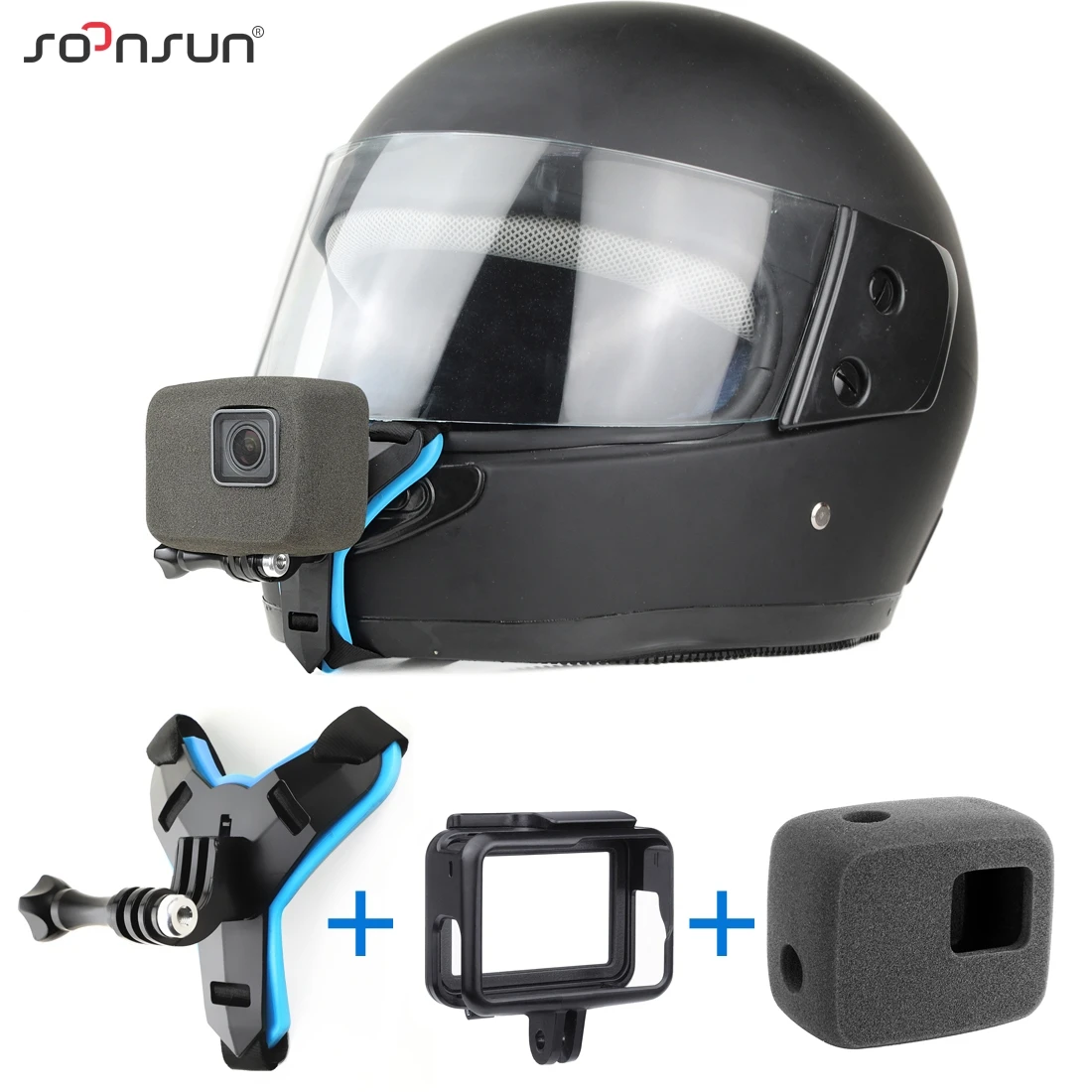 SOONSUN Motorcycle Helmet Front Chin Bracket Holder Strap Mount + Windproof Foam + Frame