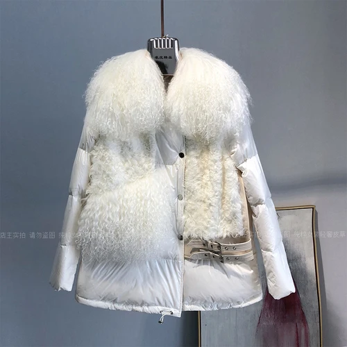 White Пальто с воротником из натурального овечьего меха, женская зимняя куртка-пуховик на утином пуху, женская одежда, Корейская черная шерстяная Верхняя одежда с мехом Hiver C088 - Цвет: White