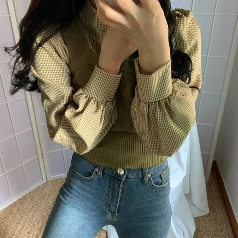 2020 Autumn New Ins Street Younger Fashion College Style All-match Stand Collar Retro Plaid Shirt + Knitted Vest Two Pieces