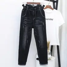 Винтаж джинсы-бойфренды для Для женщин Повседневное джинсовые штаны-шаровары брюки Высокая Талия Джинсы женские Стретч уличная одежда большого размера джинсы в винтажном стиле Q1870