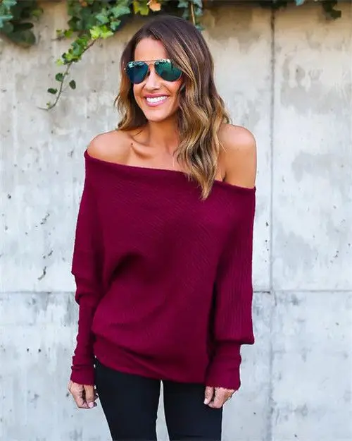 Women Sexy Slash Neck Solid Knit Sweater Elasticity Autumn Winter Knitted Long-sleeved solid sweater Loose Cotton Tops Pullovers