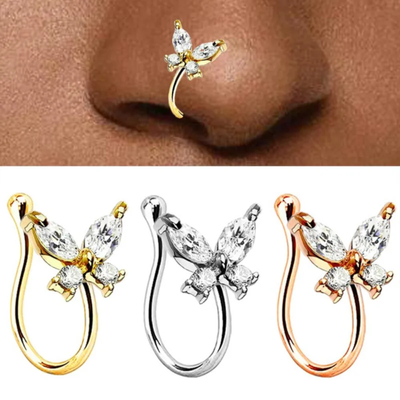 1PCS Women Fake Crystal Butterfly Nose Rings Bohemia Non Piercing Clip on Nose Ring Heart Nose