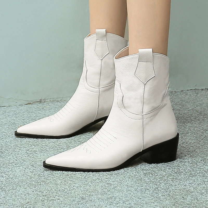 

Western Ankle Boots Cowboy Women Booties Fashion Pointed Toe Shoes Female Thick Heels Cuban Leather Shoes Ladies 2019 New Autumn