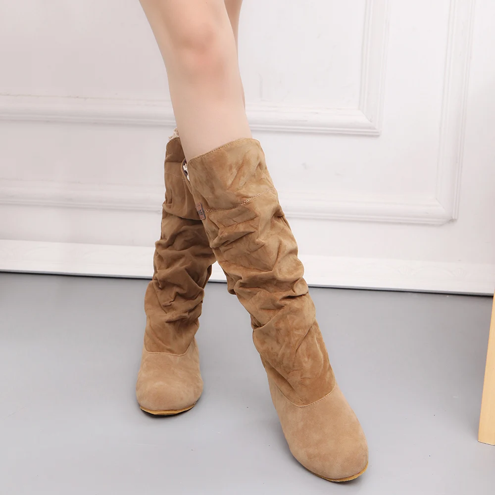 Women Fur Knee High Boots Fashion Flock Plush Padded Winter Snow Boots Casual Flat Heels Lace Warm Black Brown Long Boots Ladies