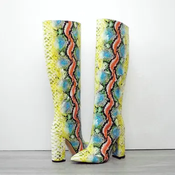 

Multicolor Snake Boots Women Chunky Heel Pointed Toe Western Boots 2020 Yellow Snake Knee Boots Fashion Colorful Lazy Long Boots