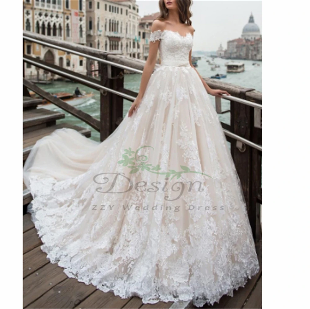 

Vintage Off The Shoulder Court Train Bohemian Wedding dresses Sash Crystals Bow Appliques Beading Lace Custom-Made Wedding Dress