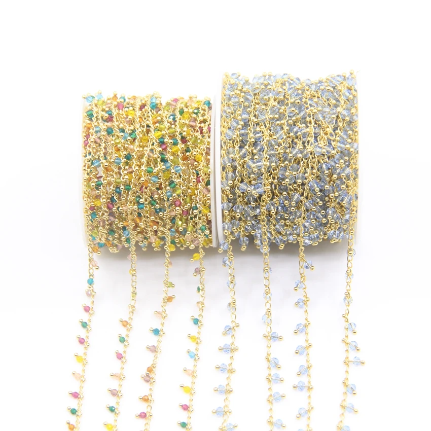 5Meter 11Color Choice 2mm Faceted Round Glass Beads Rosary Chains,Plated Gold Brass Wrapped Small Glass Beaded Necklace Chains