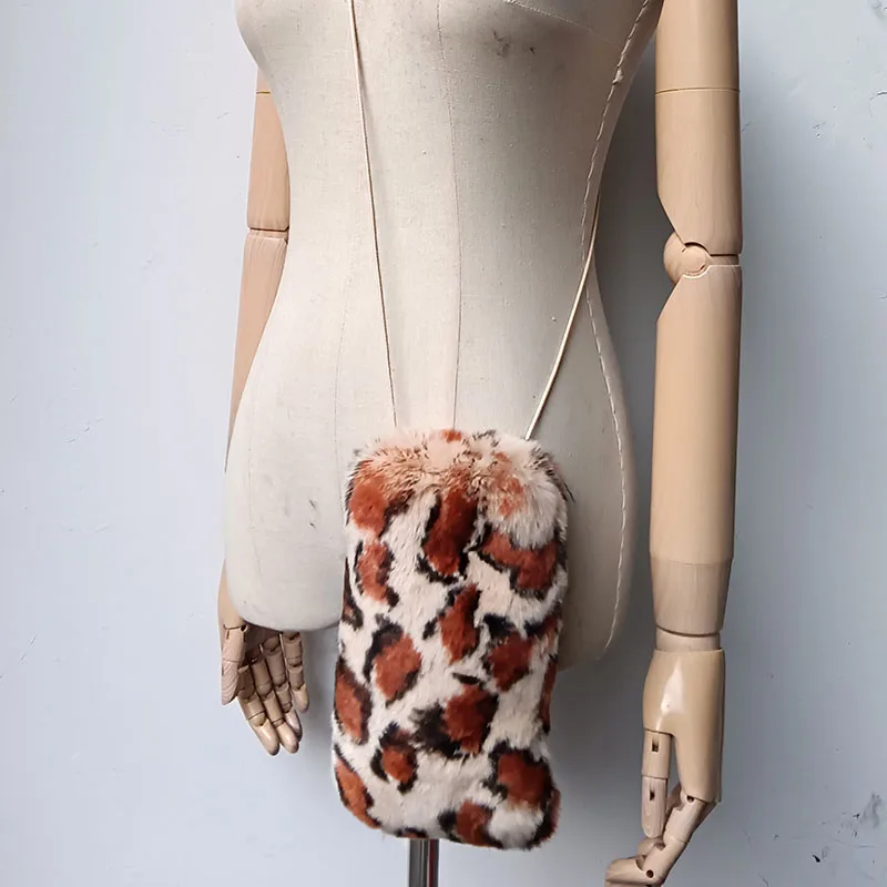 New Real Rabbit Fur Phone Bag Fashion Long Belt Cute Small Shoulder Bags Female Lovely Warm Shoulder Crossbody Bag