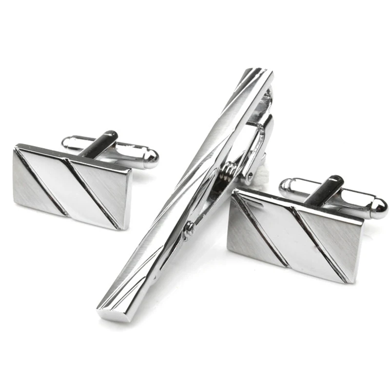 

Silver Tie Clip and Cufflink Set Men Classic Formal Business Tie Clips Cufflinks Male Tie Clip Bar Set Collar Pin Jewelry 2019