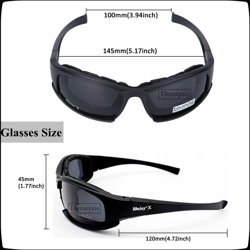 Un par de gafas de sol con medidas previstas para diferentes partes de las gafas. La parte superior de las gafas está etiquetada con 100 mm (3,94 pulgadas) y 145 mm (5