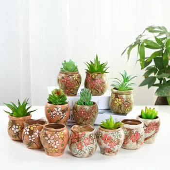 

Creative Coarse Pottery Succulent Plant Pot Breathable Fleshy Planter Container Handmade Floral Painted Vase Desktop Ornaments