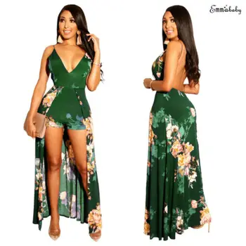 

2019 Sexy Women's Floral Playsuit Club Party Split Maxi Long New Summer Beach Jumpsuit Romper Pullover Tops