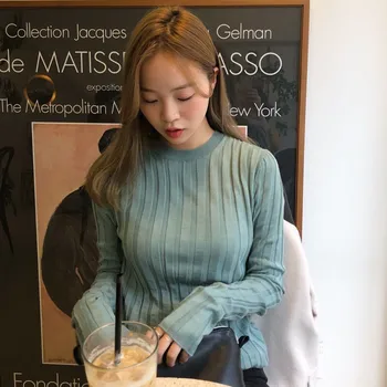 

Autumn Slim Fit Green Women Sweater Korean Style Fashion Simple Sweater Casual Round Neck Long-sleeved Knit Pullover