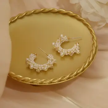 

14k Real Gold Plated Fashion Jewelery C-shaped Crystal Pearl Exquisite Stud Earrings for Woman Holiday Party Elegant Earring